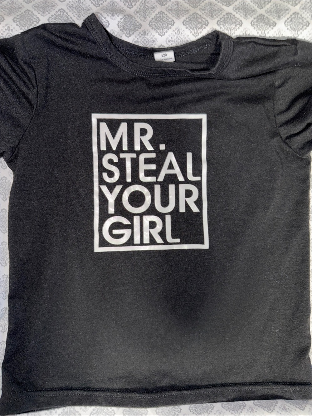 Black Graphic Tee with White 'MR. STEAL YOUR GIRL' Box Print